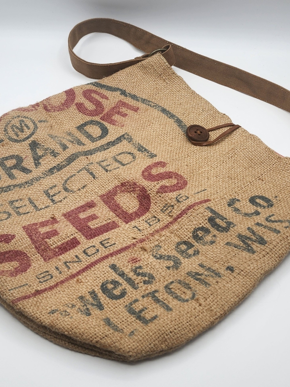 Burlap Feed Sack Tote Bag with Button Closure - Tan and Red Print